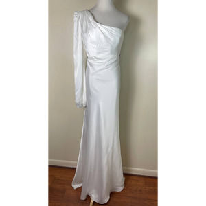 Mac Duggal One Shoulder White Satin Gown Size 10 Blouson Sleeve High Waist 55401